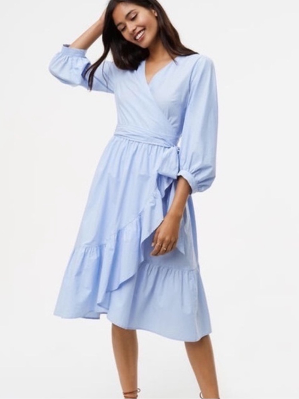 Loft Pinstripe Wrap Dress Size 10 Blue White Ruffle Midi Preppy Cottage Summer